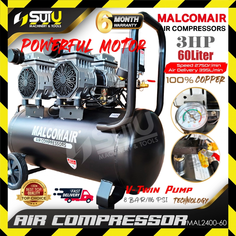 【OILLESS】MALCOMAIR MAL2400-60 60L 3HP 8Bar Oilless Air Compressor 2750RPM