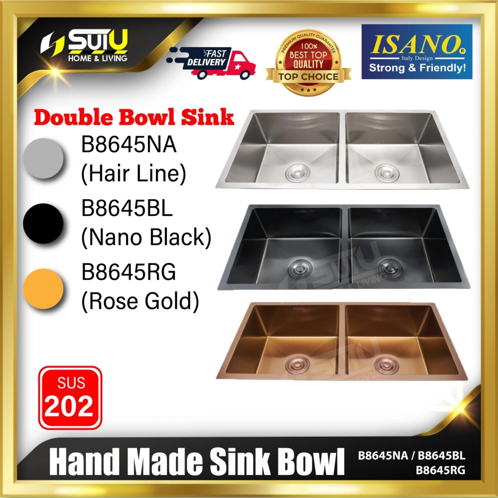 ISANO B8645NA / B8645BL / B8645RG Hand Made Double Sink Bowl (Hair Line / Nano Black / Rose Gold)
