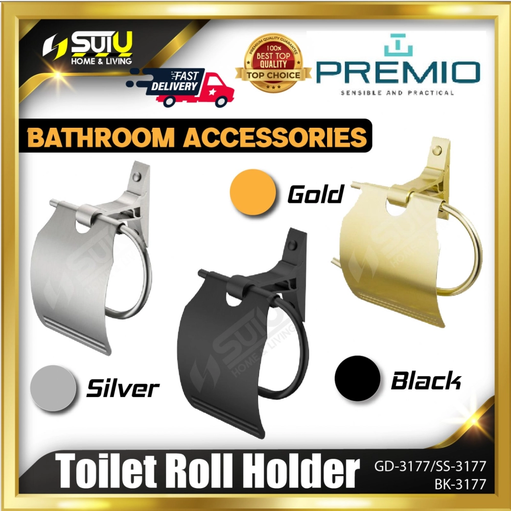 PREMIO GD-3177 / SS-3177 / BK-3177 Toilet Roll Holder / Pemegang Tisu Tandas (Gold / Silver / Black)