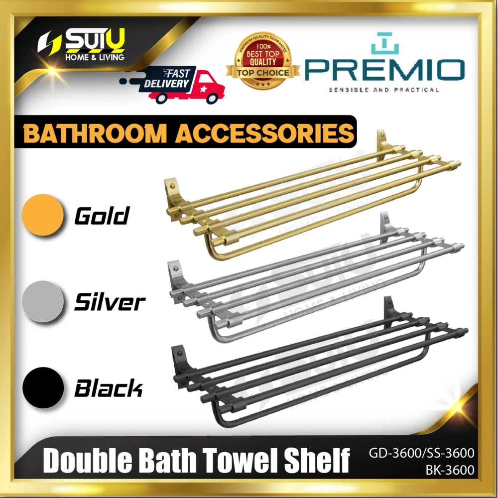 PREMIO GD-3600 / SS-3600 / BK-3600 600MM Double Bath Towel Shelf (Gold / Silver / Black)