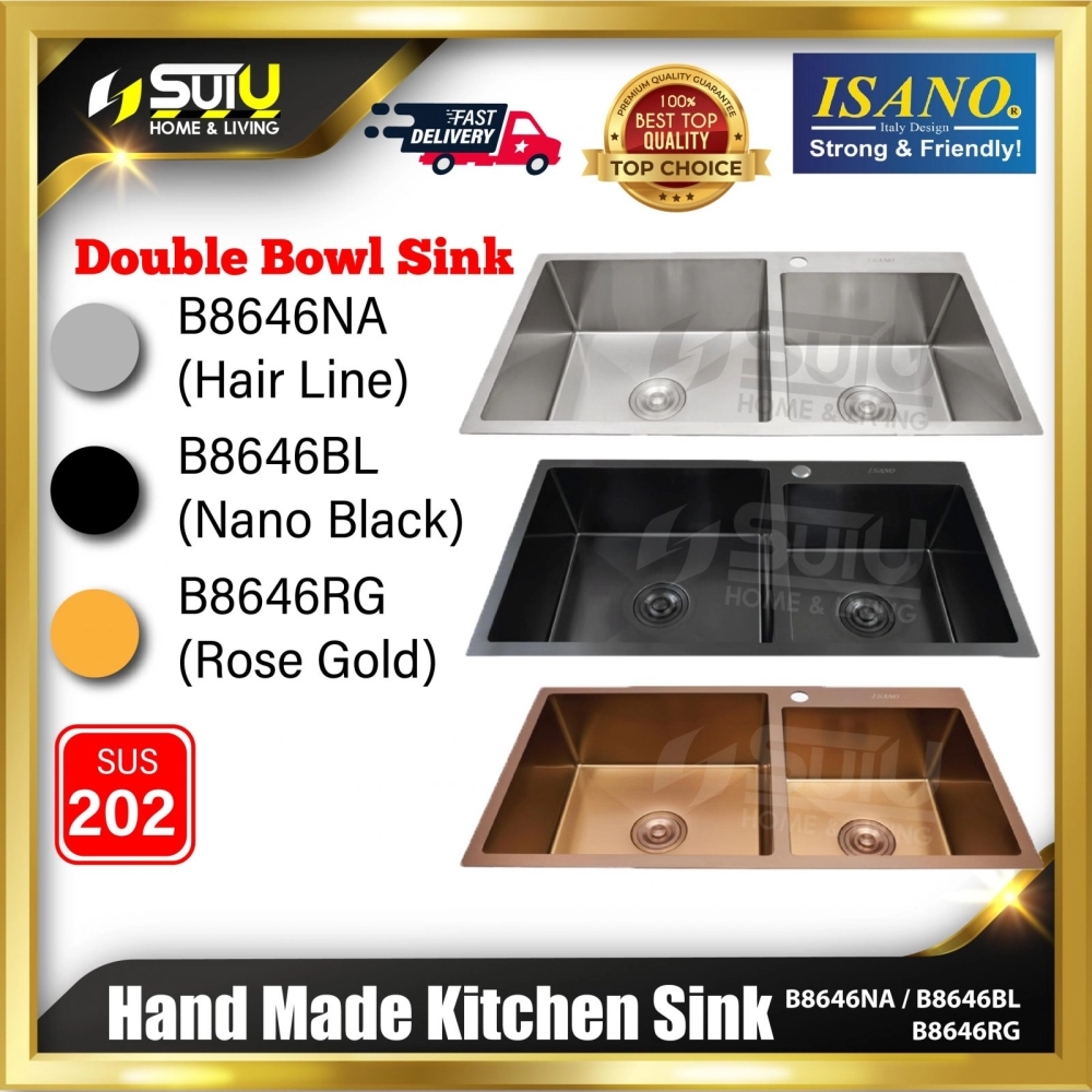 ISANO B8646NA / B8646BL / B8646RG Hand Made Double Sink Bowl (Hair Line / Nano Black / Rose Gold)