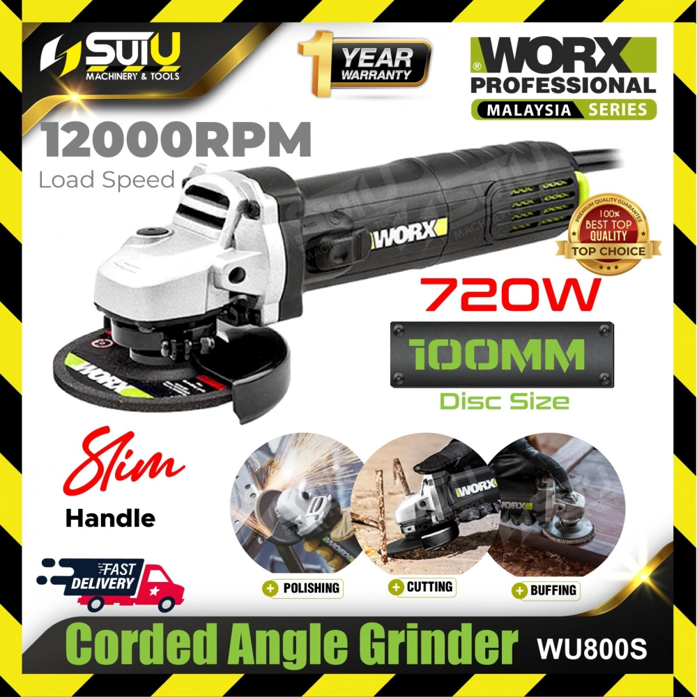 WORX WU800S 4" / 100MM Corded Angle Grinder 720W 12000RPM