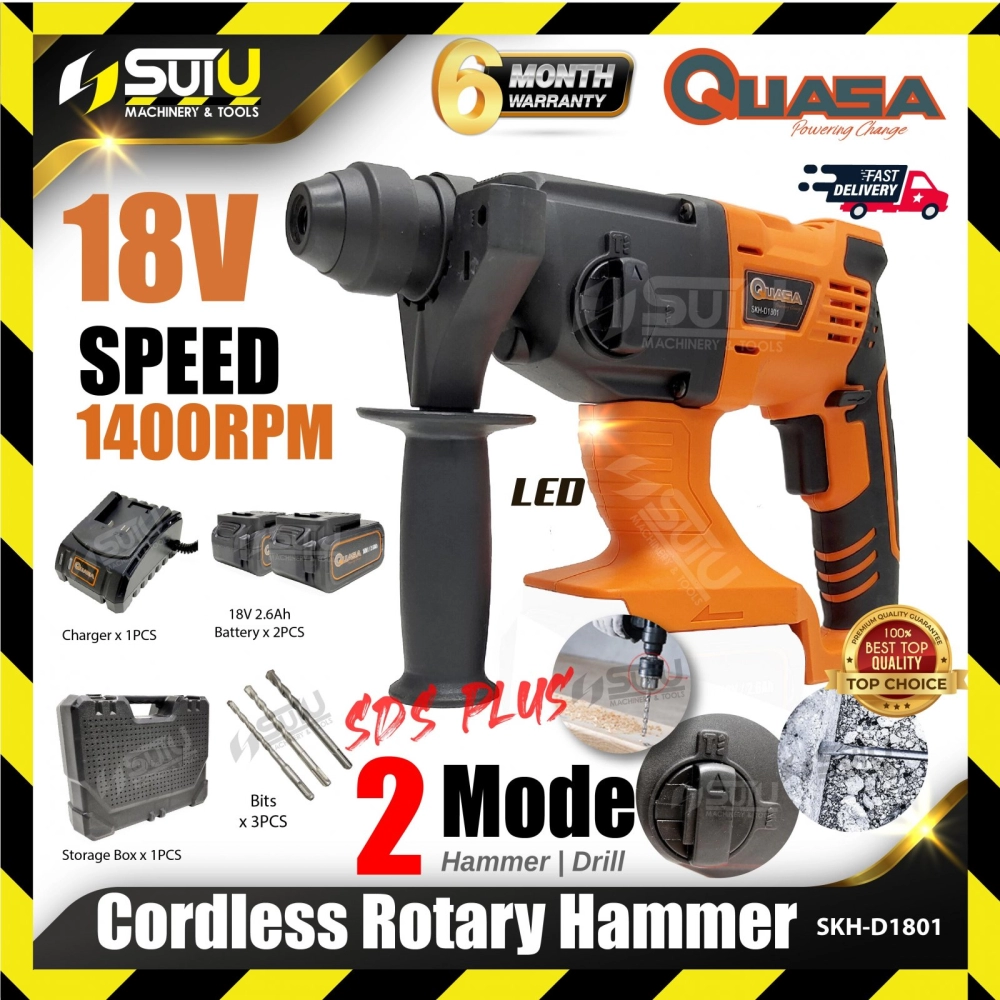 QUASA SKH-D1801 18V 2 Mode SDS Plus Cordless Rotary Hammer 1400RPM w/ 2 x Batteries 2.6Ah + 1 x Charger