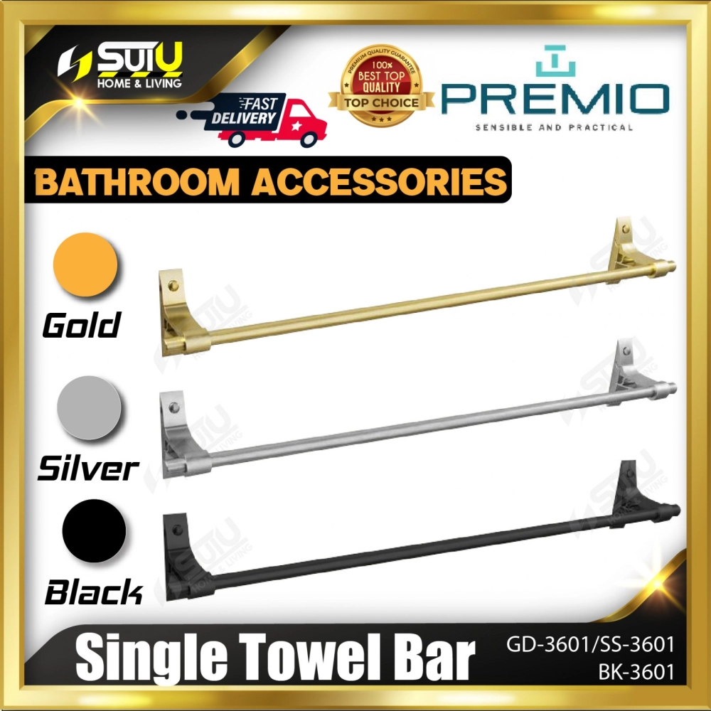 PREMIO GD-3601 / SS-3601 / BK-3601 600MM Single Towel Bar / Towel Rack / Rak Tuala (Gold / Silver / Black)