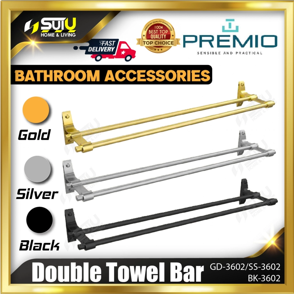 PREMIO GD-3602 / SS-3602 / BK-3602 600MM Double Towel Bar / Towel Rack / Rak Tuala (Gold / Silver / Black)