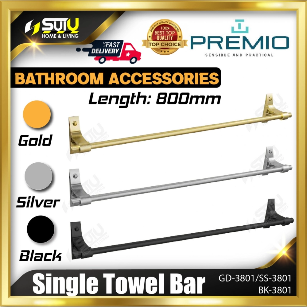 PREMIO GD-3801 / SS-3801 / BK-3801 800MM Single Towel Bar / Towel Rack / Rak Tuala (Gold / Silver / Black)