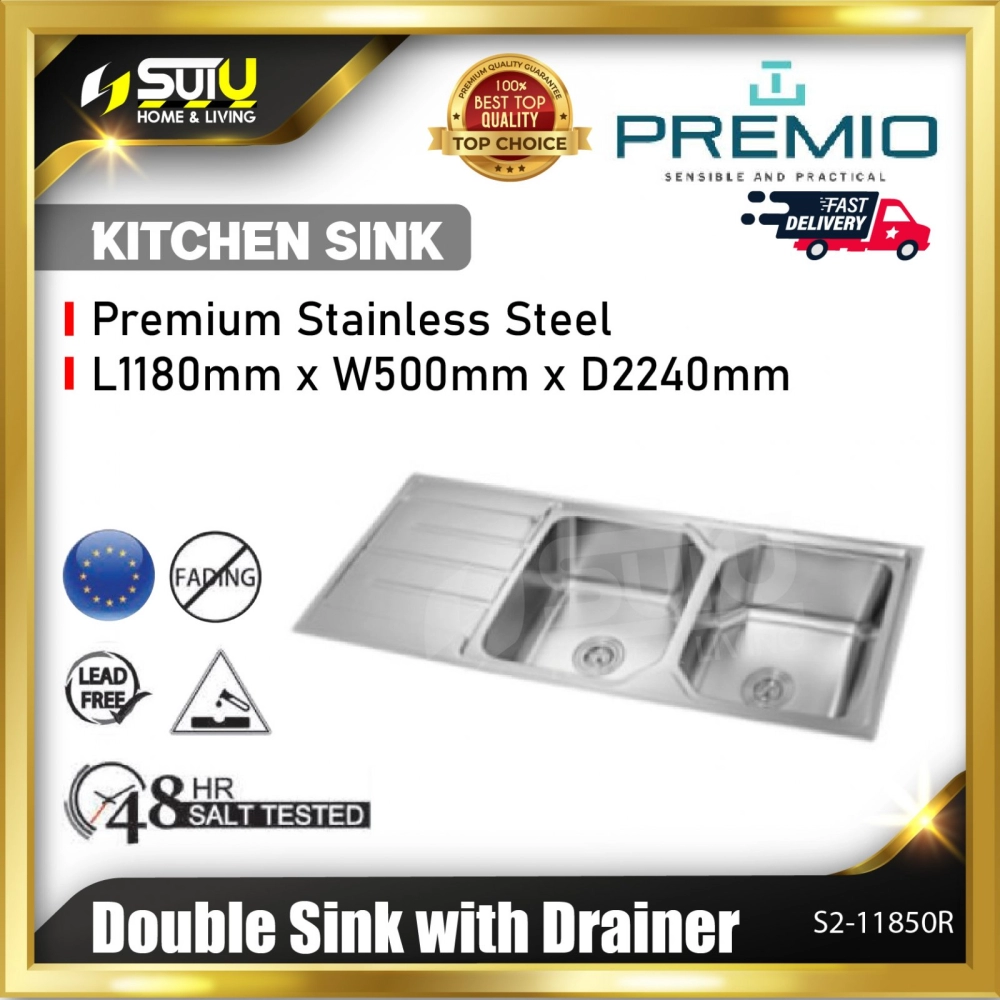 PREMIO S2-11850R Stainless Steel Double Sink with Drainer 1.0MM (T)