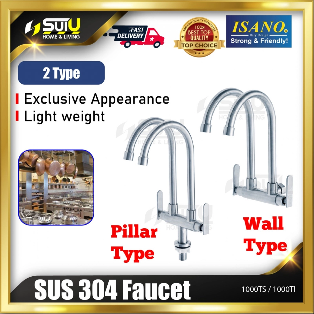 ISANO 1000TS / 1000TI SUS304 Stainless Steel Twin Swan Neck Wall / Pillar Sink Tap