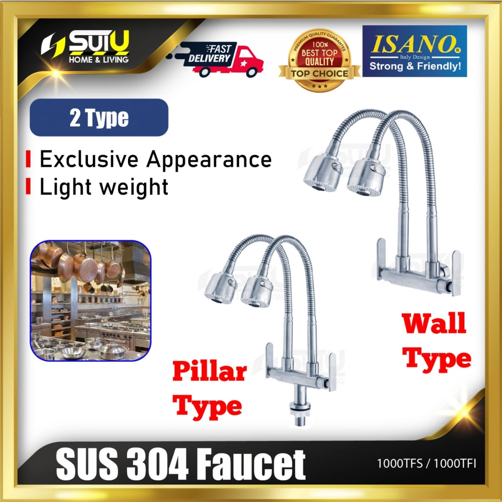 ISANO 1000TFS / 1000TFI SUS304 Stainless Steel Flexible Twin Neck Wall / Pillar Sink Tap
