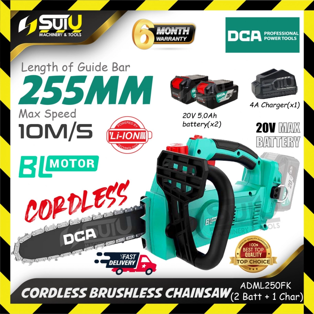 DCA ADML250 / ADML250FK 20V 255MM Brushless Cordless Chainsaw 10M/S w/ 2 x Batteries 5.0Ah + Charger