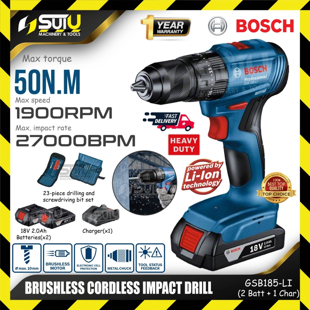 BOSCH GSB185-LI 18V 50NM Brushless Cordless Impact Drill 1900RPM 27000BPM w/ 2 xBatt 2.0Ah + Charger