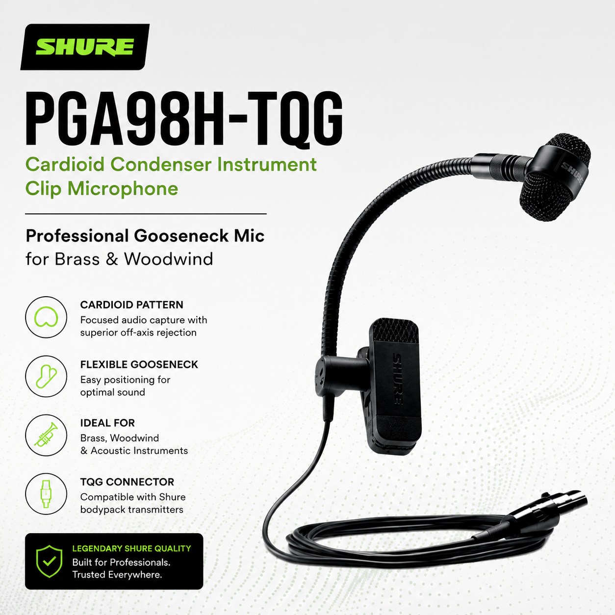 Shure PGA98H-TQG Cardioid Condenser Instrument Clip Microphone – Professional Gooseneck Mic for Brass & Woodwind