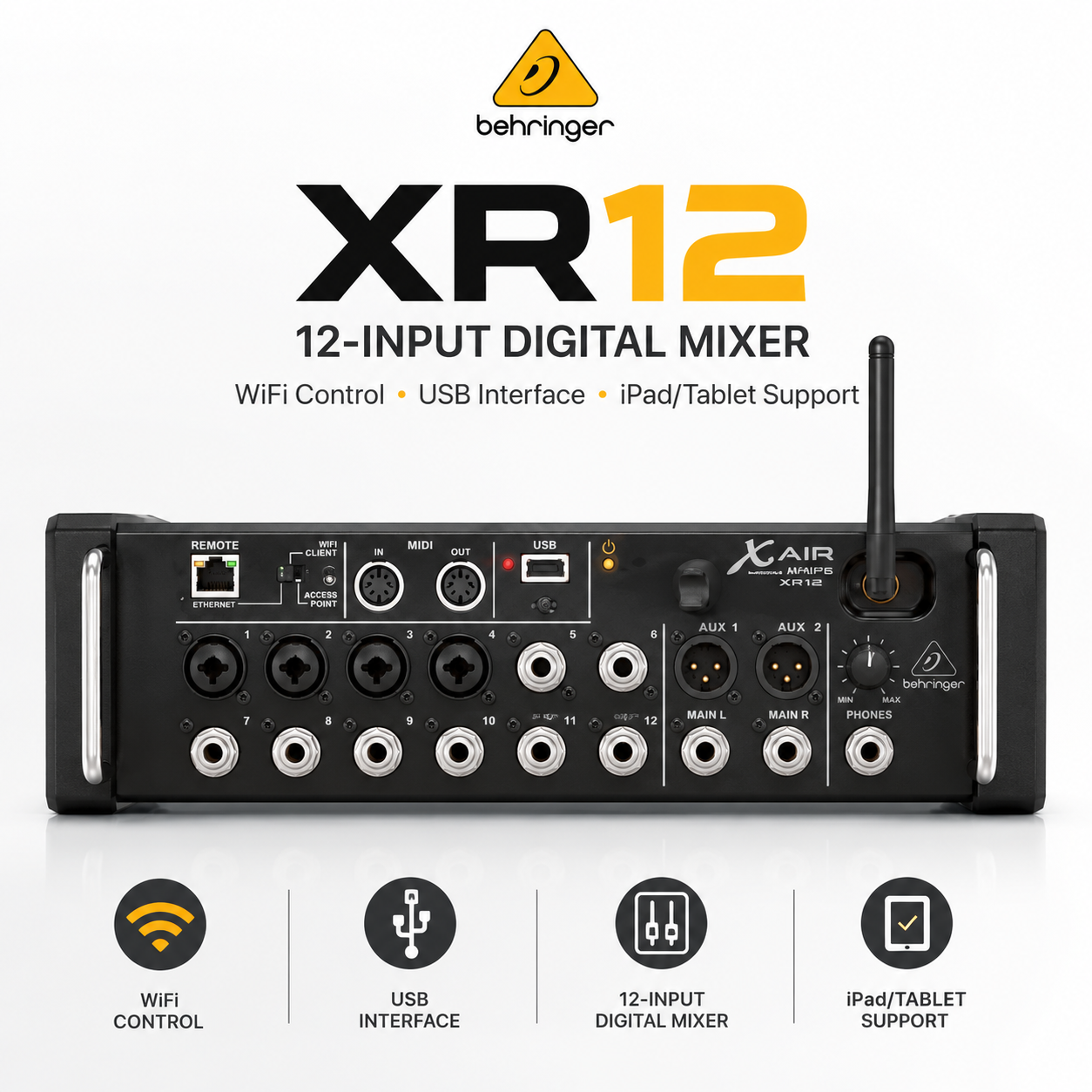 Behringer XR12 – Pencampur Digital 12-Input dengan Kawalan WiFi, Antaramuka USB & Sokongan Tablet