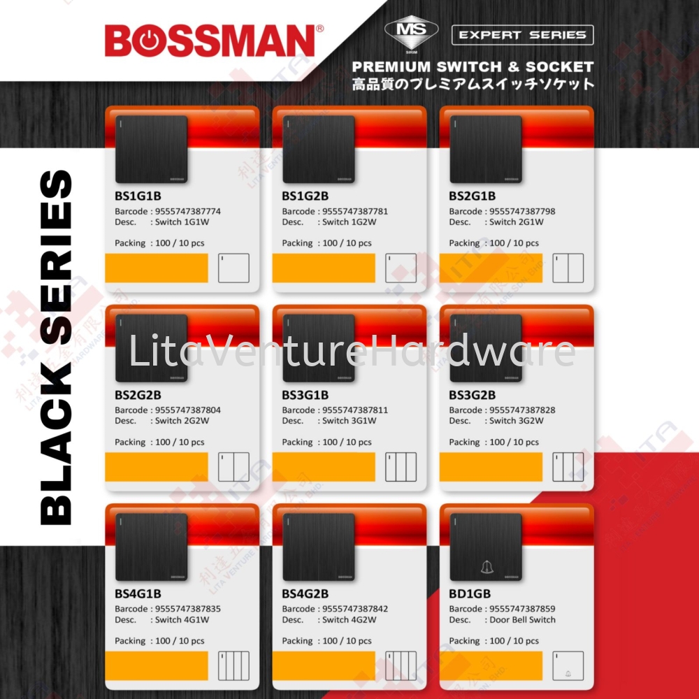 BOSSMAN BRAND PREMIUM SWITCH & SOCKET - BS1G1B BS1G2B BS2G1B BS2G2B BS3G1B BS3G2B BS4G1B BS4G2B BD1GB