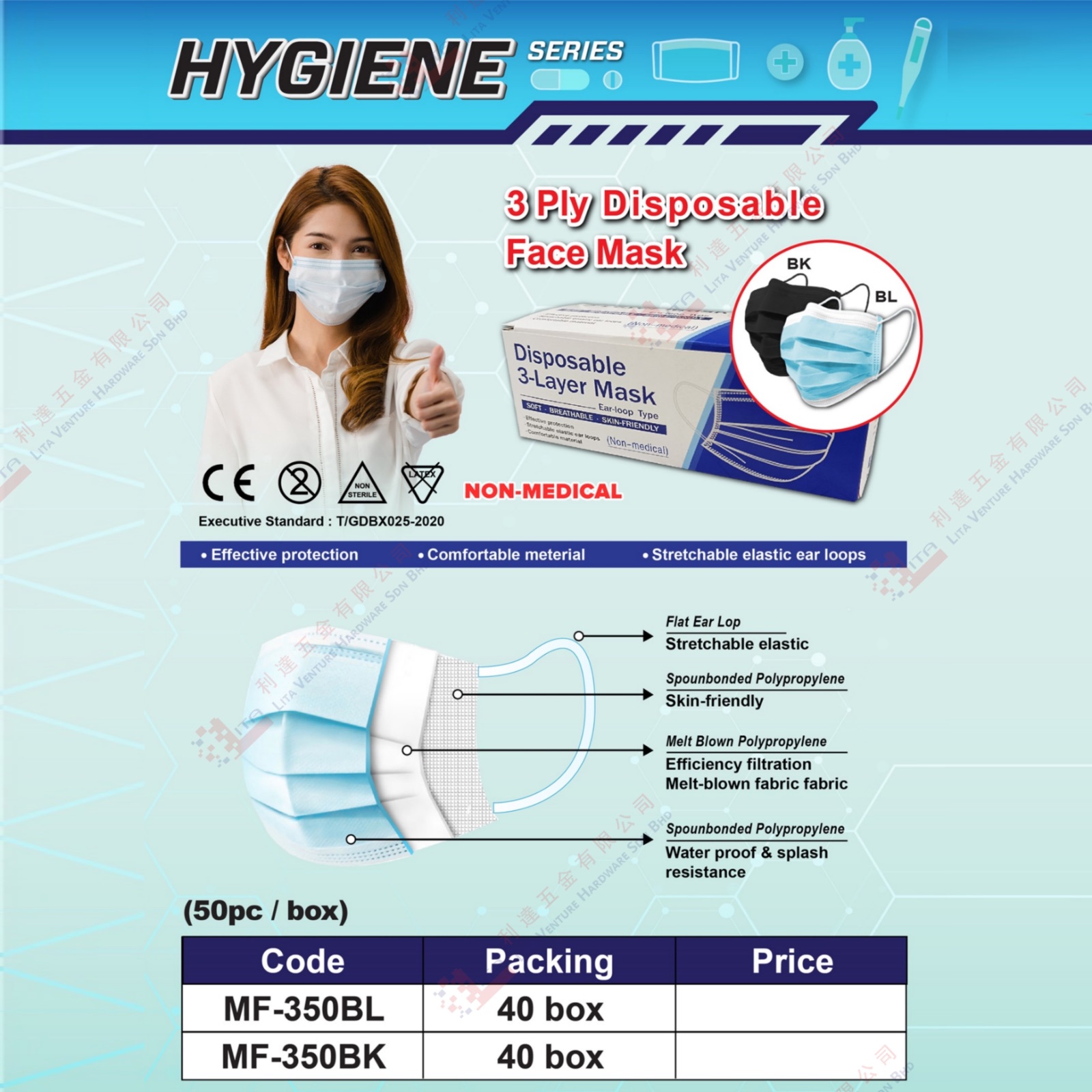HYGIENE BRAND 3PLY DISPOSABLE FACE MASK - MF350BL MF350BK