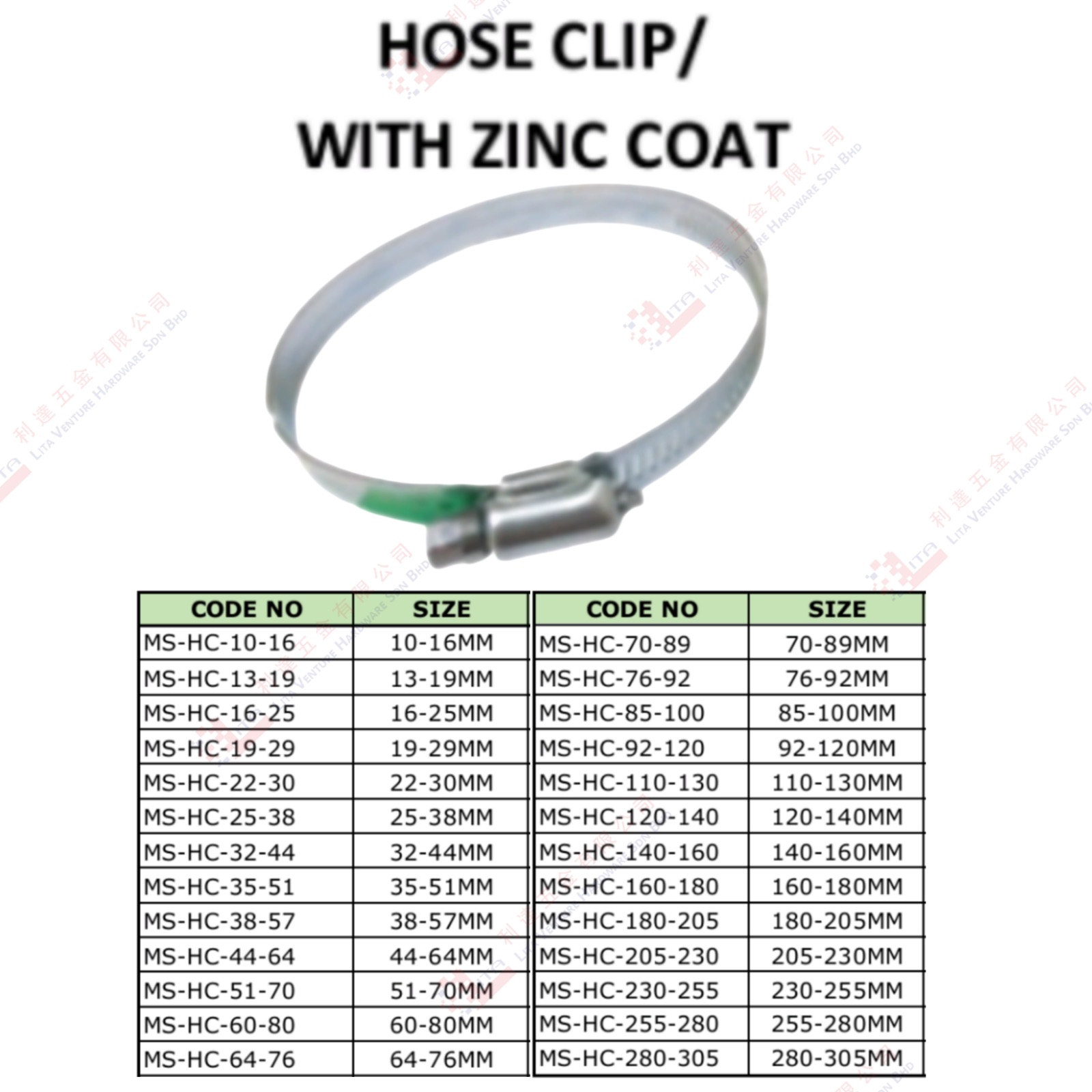 HOSE CLIP WITH ZINC COAT - MSHC1016 MSHC1319 MSHC1625 MSHC6476 ....MSHC280305
