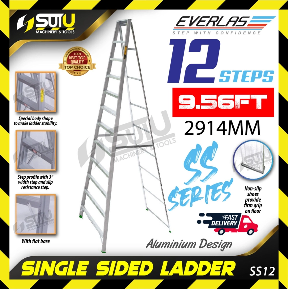 Everlas SS12 Single Sided Aluminium Ladder 12 steps ( 9.56ft / 2914mm)