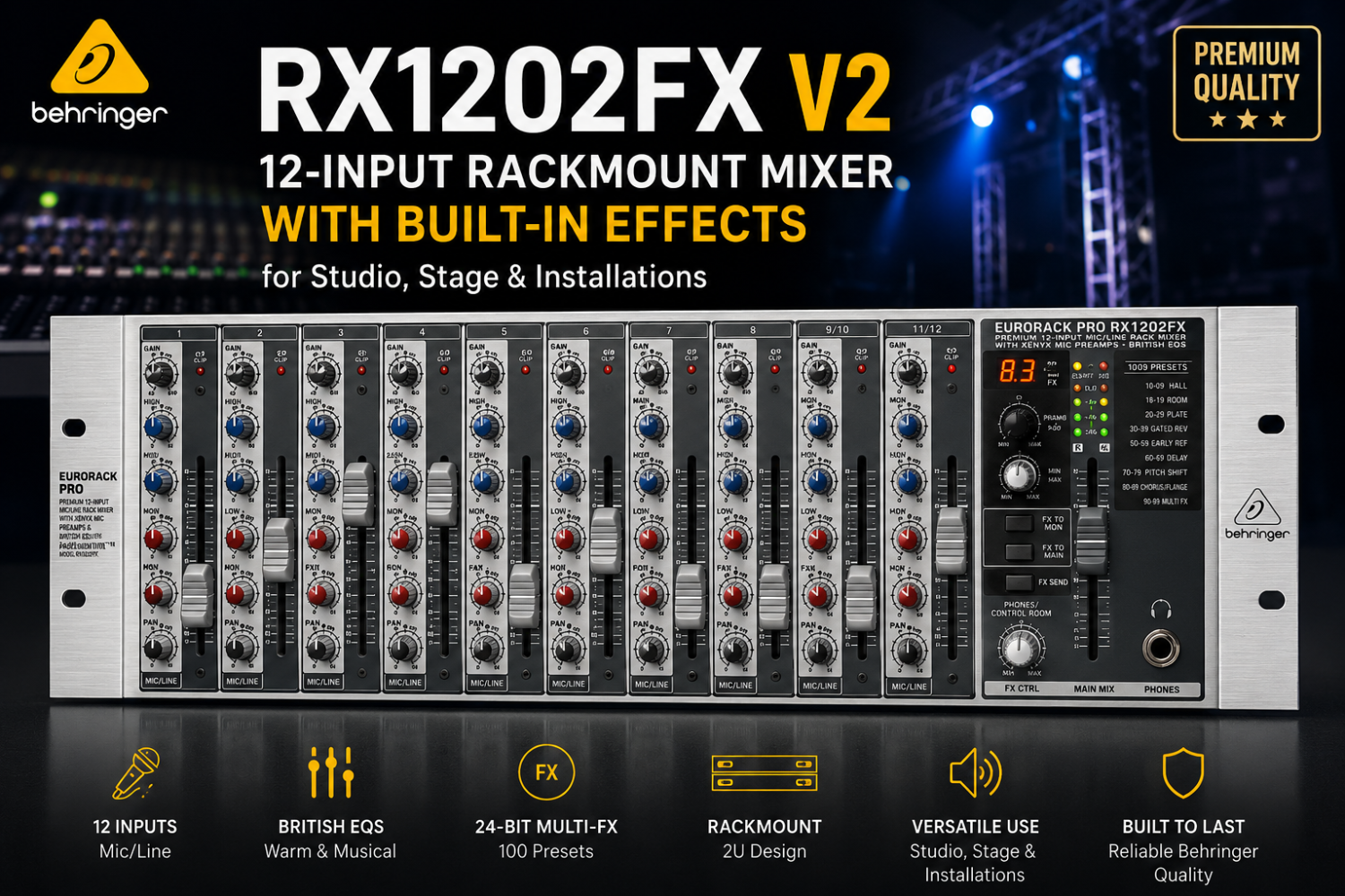 Behringer RX1202FX V2 – 12-Input Rackmount Mixer with Built-In Effects for Studio, Stage & Installations