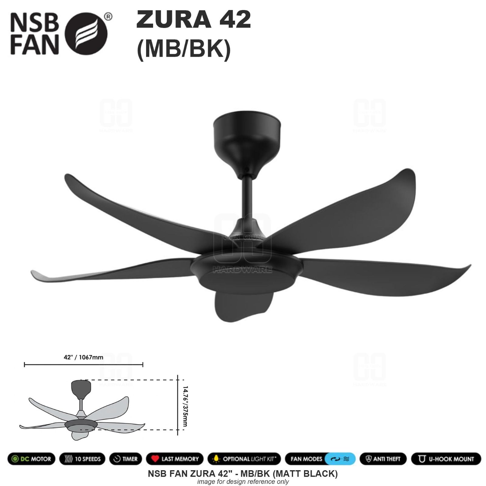 NSB FAN ZURA 42" MB/BK (MATT BLACK)
