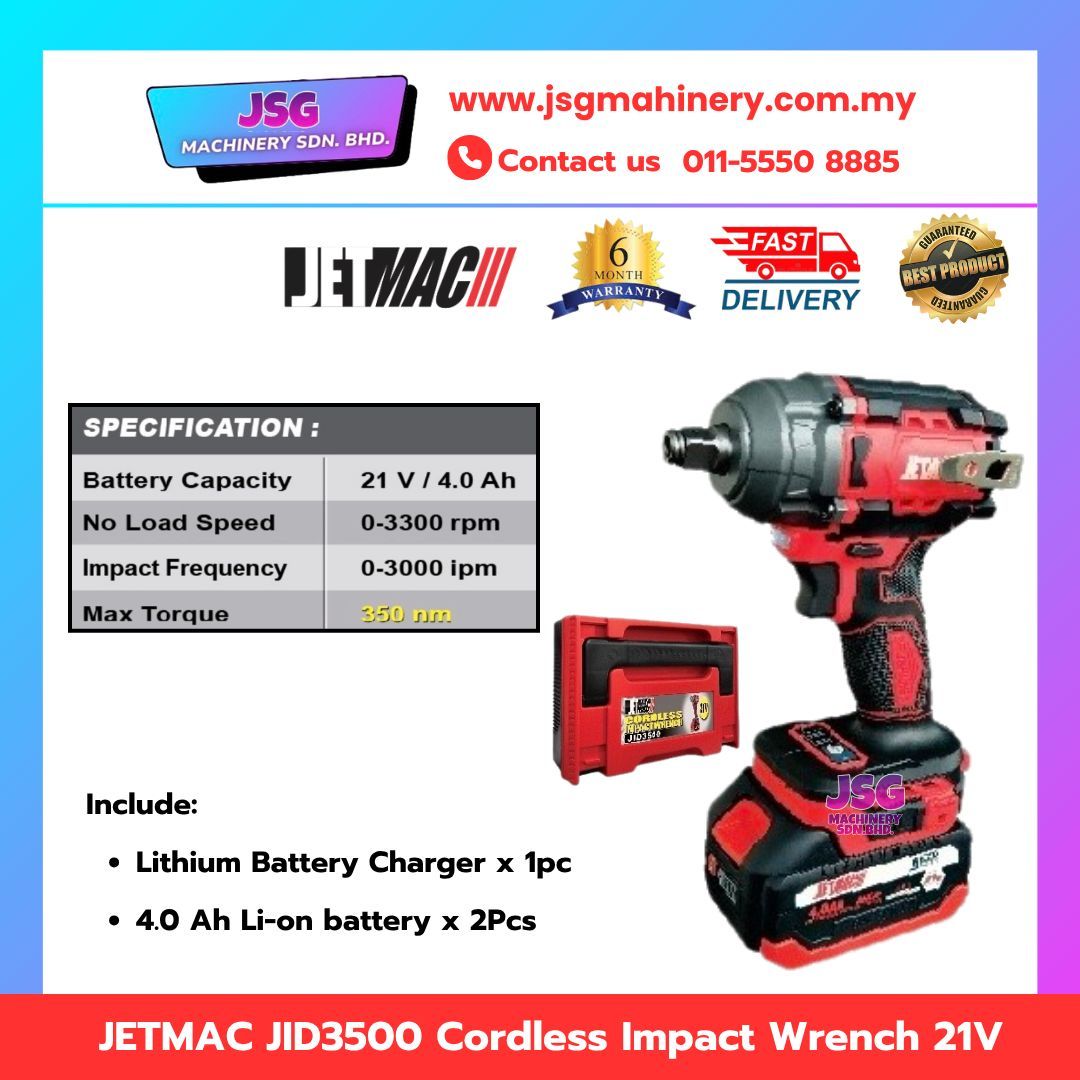 JETMAC JID3500 21V 350NM High Torque Cordless Impact Wrench w/ 2 Batteries 4.0Ah