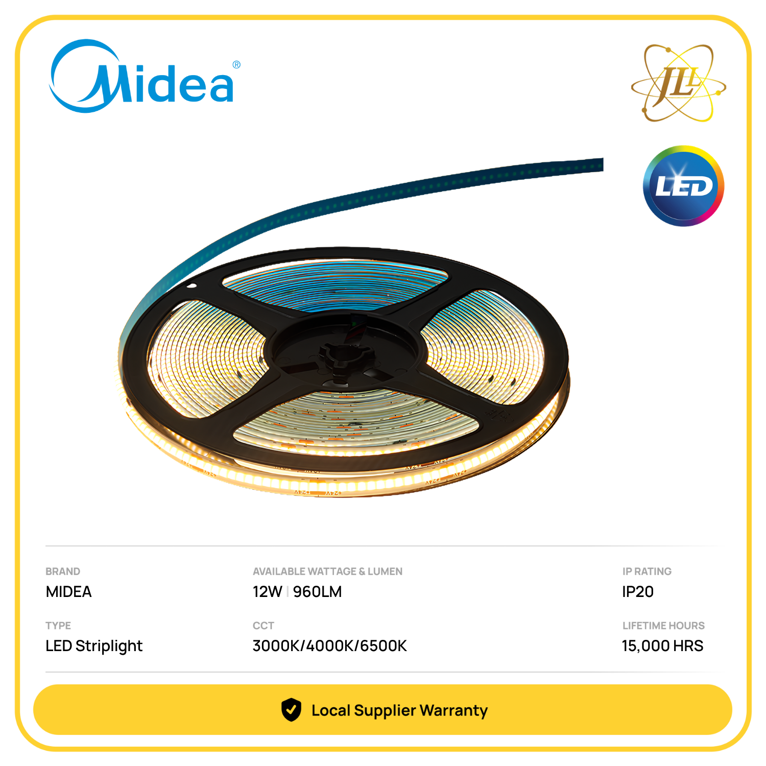 MIDEA COB LED STRIPLIGHT 10METER DC 24V 12W 960LM 15,000HRS IP20 CRI80 [3000K/4000K/6500K]
