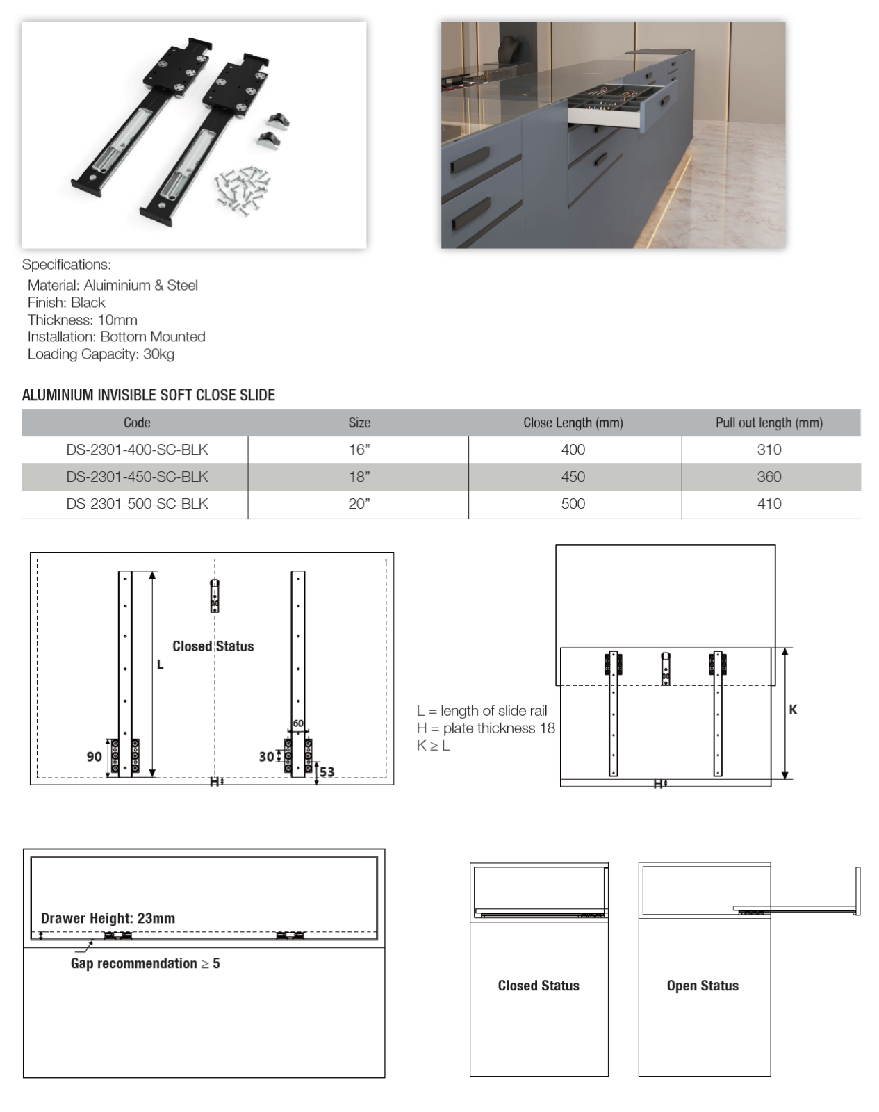 Eco Ware Aluminium Invisible Soft Close Slide