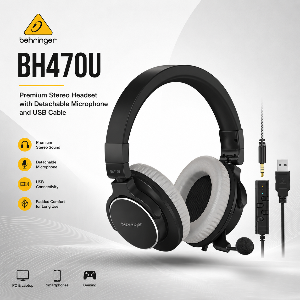 Behringer BH470U – Premium Stereo Headset with Detachable Microphone and USB Cable
