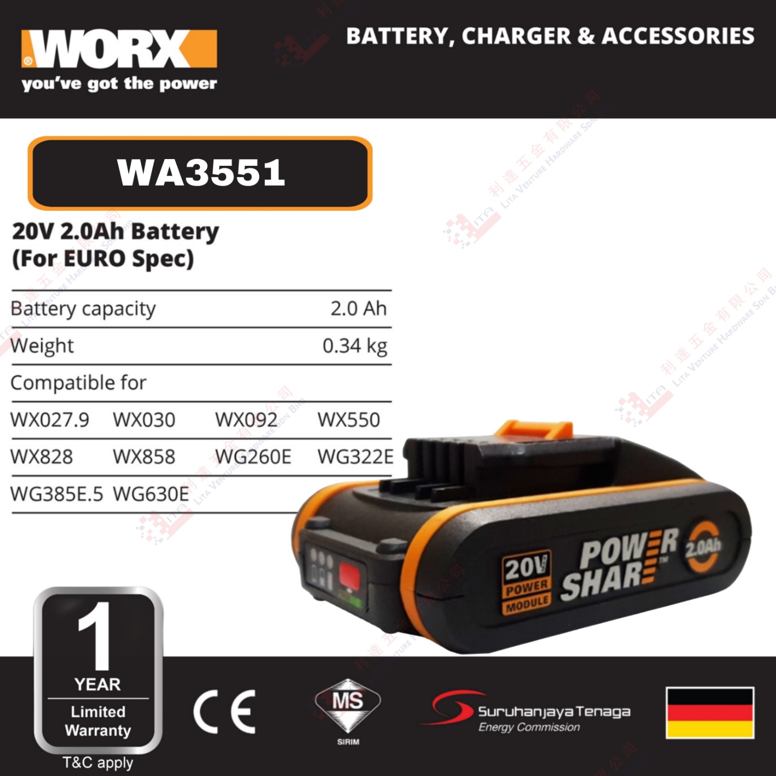 WORX BRAND 20V 2.0AH BATTERY - WA3551