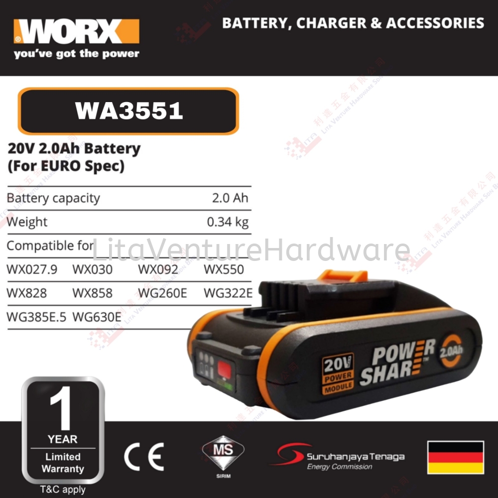 WORX BRAND 20V 2.0AH BATTERY - WA3551
