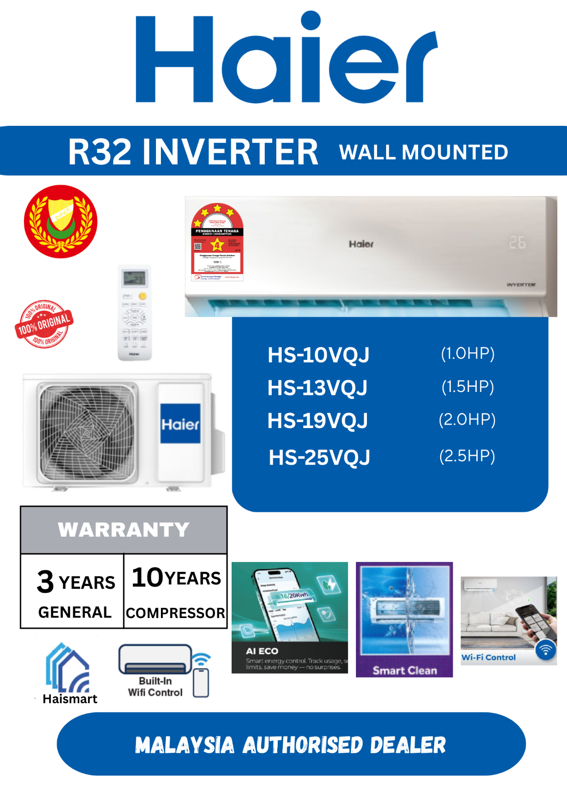 HAIER R32 INVERTER WALL MOUNTED AIRCOND VQJ SERIES 1.0HP - 2.5HP HS-10VQJ HS-13VQJ HS-19VQJ HS-25VQJ 4-STAR ENERGY SAVING AI ECO WIFI SMART CLEAN