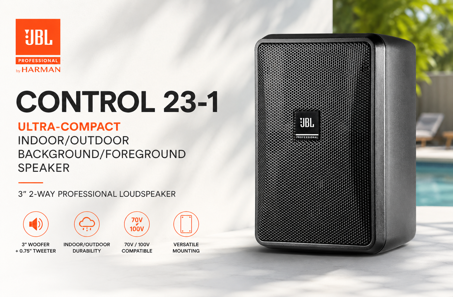 JBL Control 23-1 – Ultra-Compact Indoor/Outdoor Background/Foreground Speaker (3" 2-Way Professional Loudspeaker)