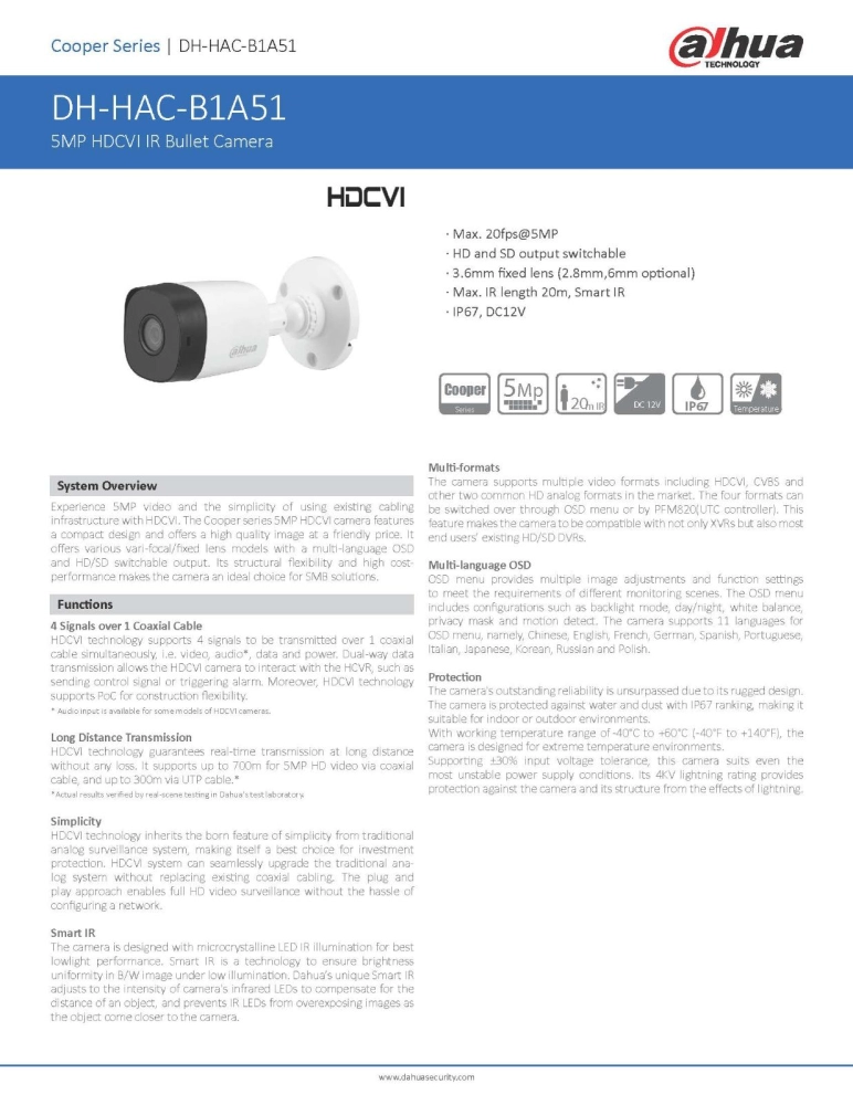 DAHUA 5MP Bullet Camera (HAC-B1A51P) 3.6mm Fixed Lens HDCVI IR Bullet CCTV Camera