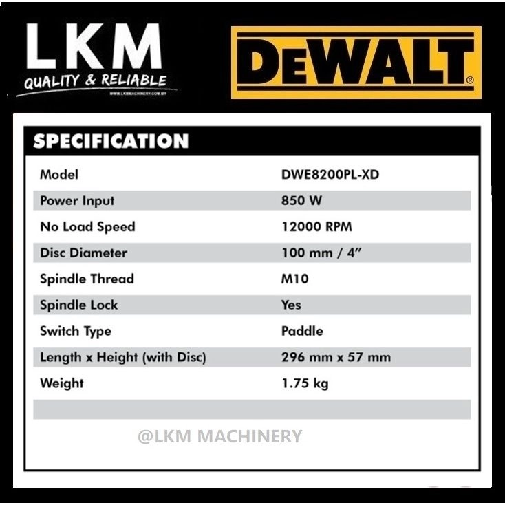 DEWALT DWE8200PL-XD Small Angle Grinder 100mm/850W/12000rpm/4"