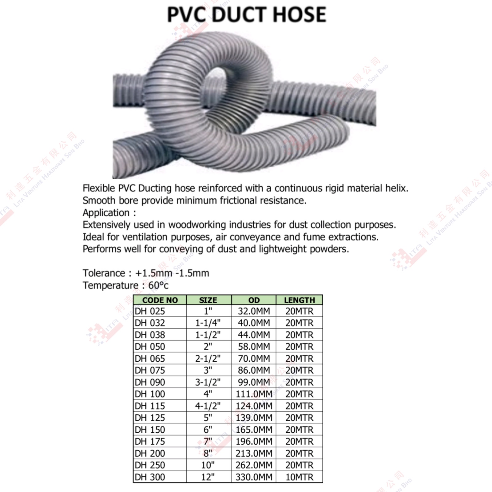 PVC DUCT HOSE - DH025 DH032 DH038 DH050 DH065 DH075 DH090 DH100 DH115 DH125 DH150 DH175 DH200 DH250 DH300