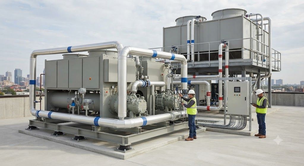Commercial cooling tower and chiller installation