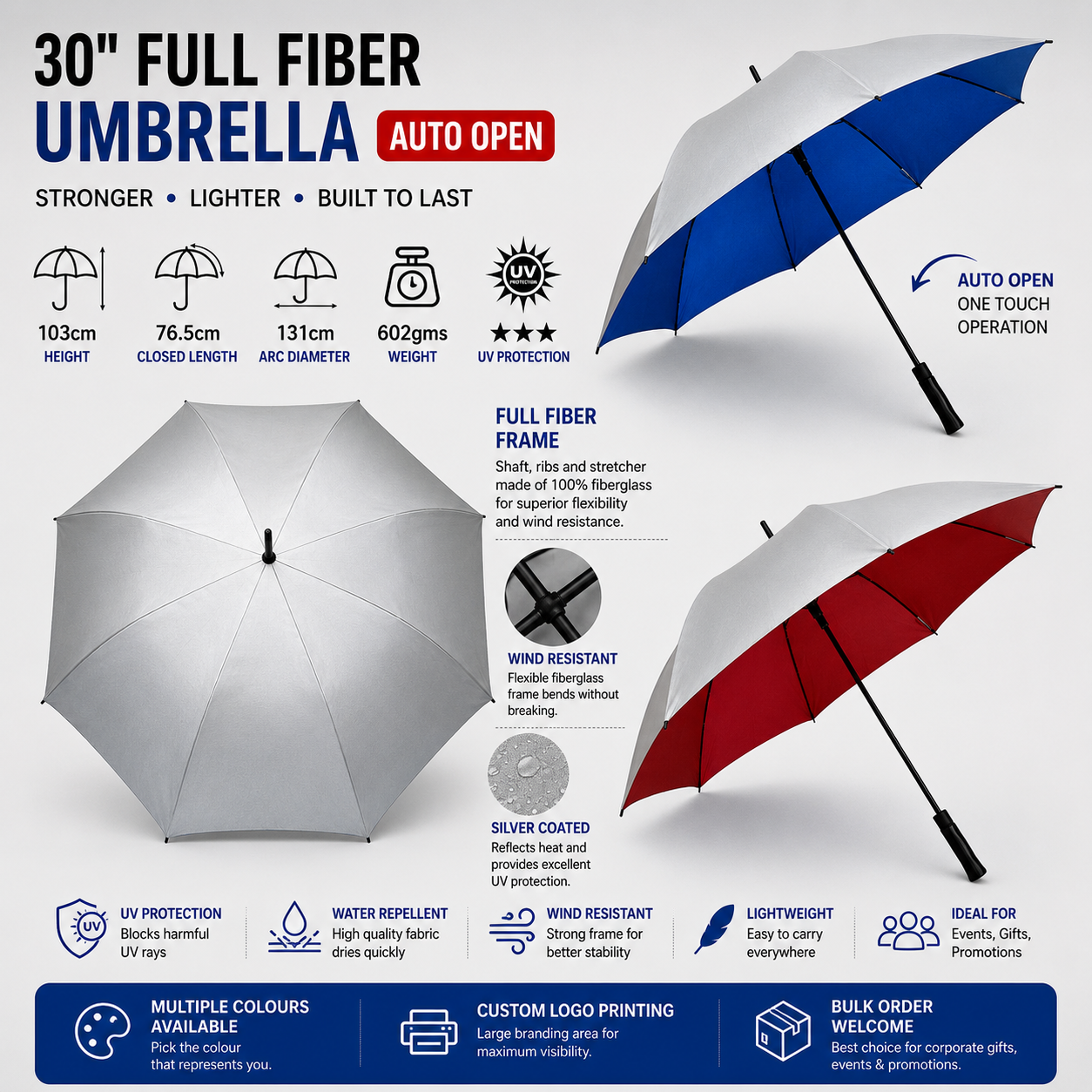 Premium Fully Fiberglass UV Protection Auto Open Golf Umbrella (Silver Coated) 30in