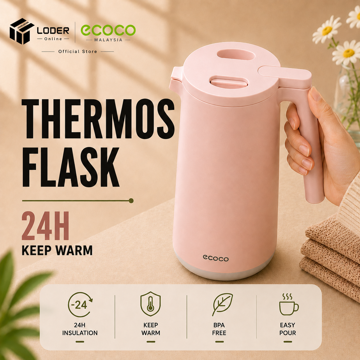 LODER ECOCO Thermos Flask Vacuum Insulated Water Bottle Thermal Jug One Touch Flask 1.4L