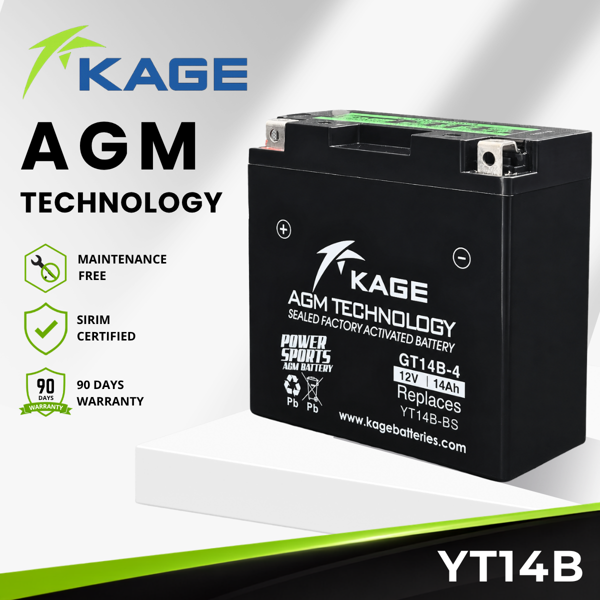 YT14B-BS KAGE - BATERI CBR1000/XJR-1300/ FJR-1300/1300 ES (2003-2018)/ FJR-1000-fzi–1000cc(2001-2005)/Raider/RaiderS–11854cc (2008-2017)/yosung ST7-700cc (2010-2013)/Ducati Monster 796 (2014)