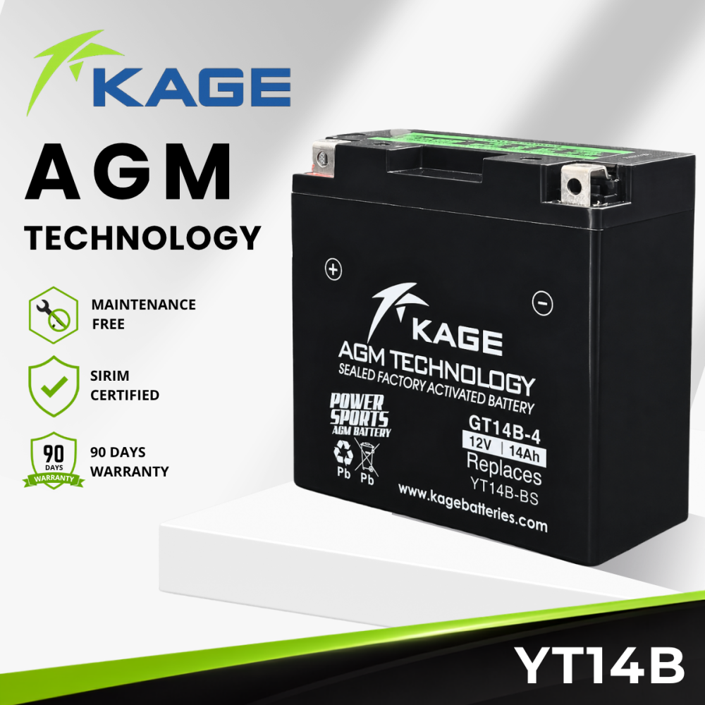 YT14B-BS KAGE - BATERI CBR1000/XJR-1300/ FJR-1300/1300 ES (2003-2018)/ FJR-1000-fzi–1000cc(2001-2005)/Raider/RaiderS–11854cc (2008-2017)/yosung ST7-700cc (2010-2013)/Ducati Monster 796 (2014)