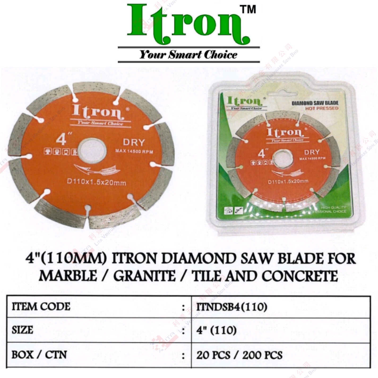 ITRON BRAND 4'' ITROM DAIMOMD SAW BLADE FOR MARBLE GRANITE TILE AND CONCRETE - ITNDSB4110