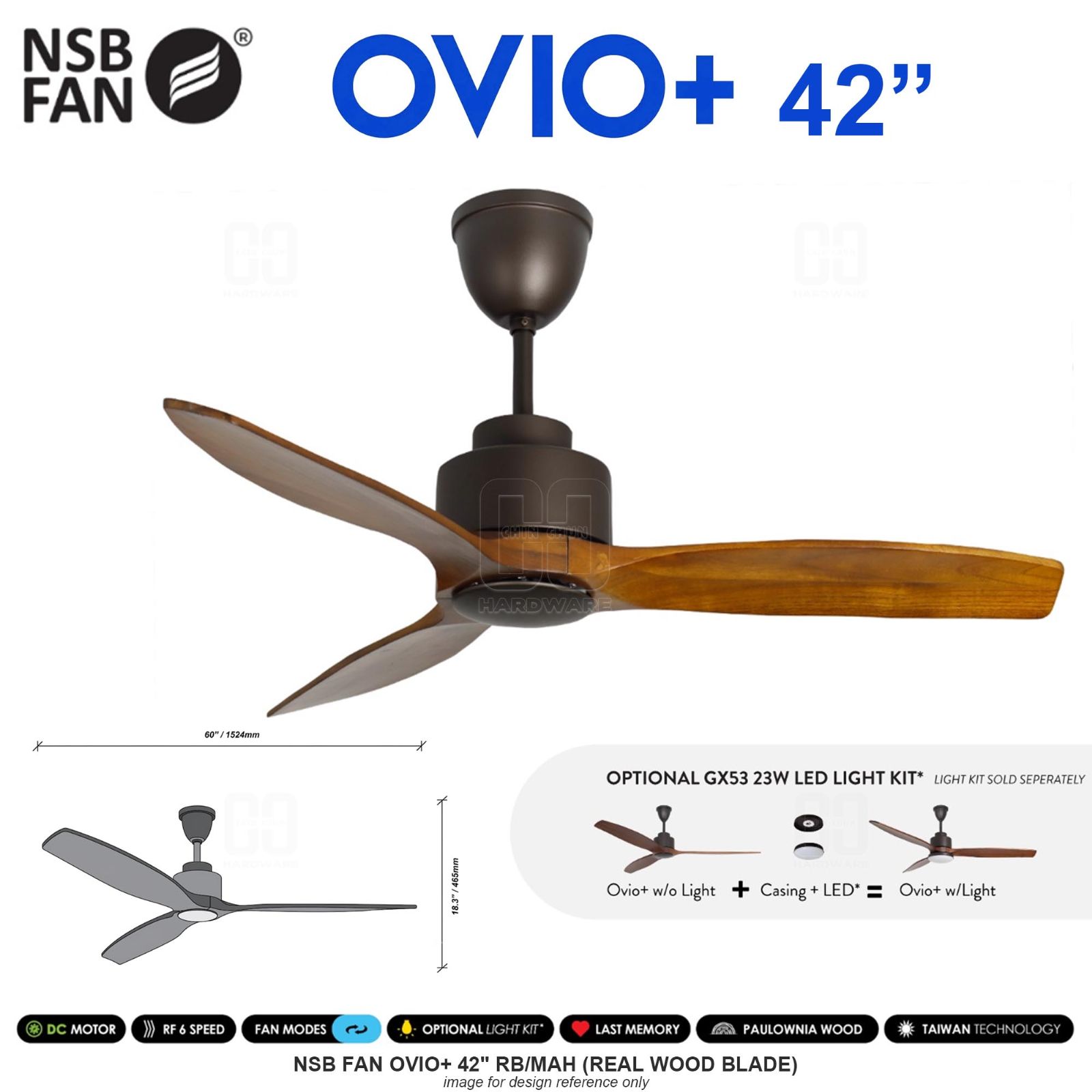 NSB FAN OVIO+ 42" RB/MAH REAL WOOD BLADE