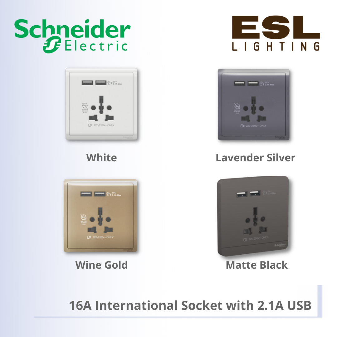 [DISCONTINUE] SCHNEIDER Pieno 16A International Socket with 2.1A USB - E8242616USB_LS E8242616USB_MB E8242616USB_WE E8242616USB_WG
