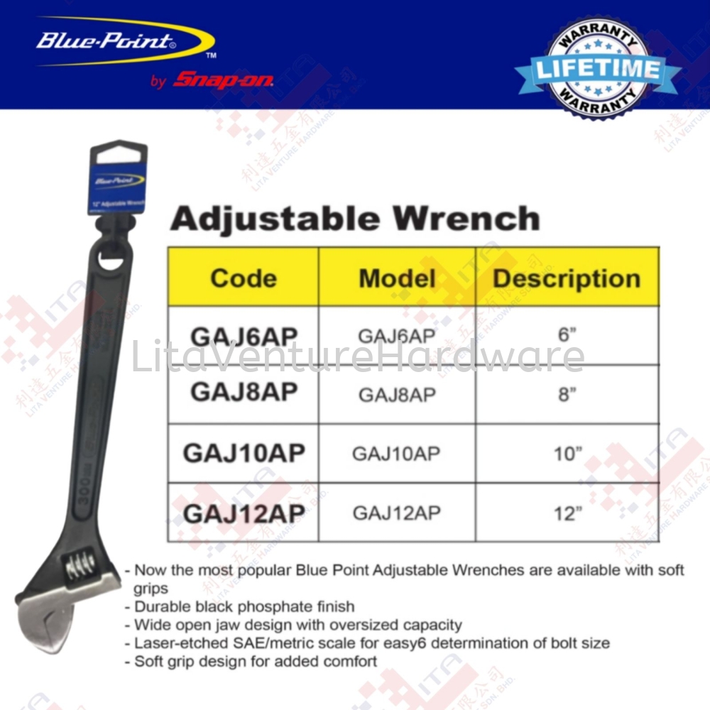 BLUE POINT BRAND ADJUSTABLE WRENCH - GAJ6AP GAJ8AP GAJ10AP GAJ12AP
