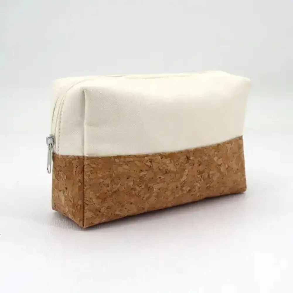 Natural Cork Fabric with Cotton Canvas Pouch Zipper Bag