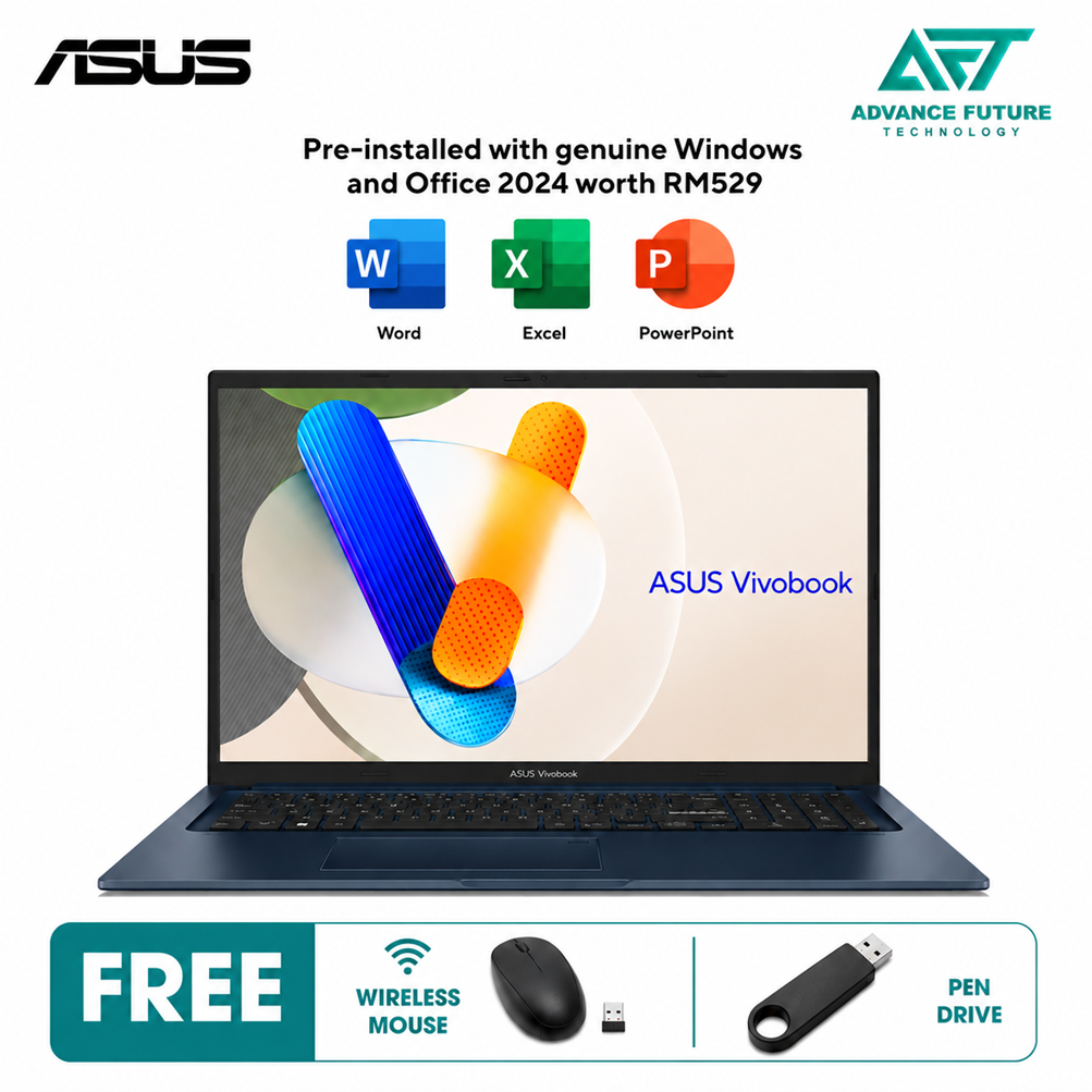 Asus VivoBook 17 A1704V-AAU112WS 17.3" FHD Laptop Quiet Blue ( Intel Core 7 150U, 16GB, 1TB SSD, Intel, W11, H&S 2024&M365 )