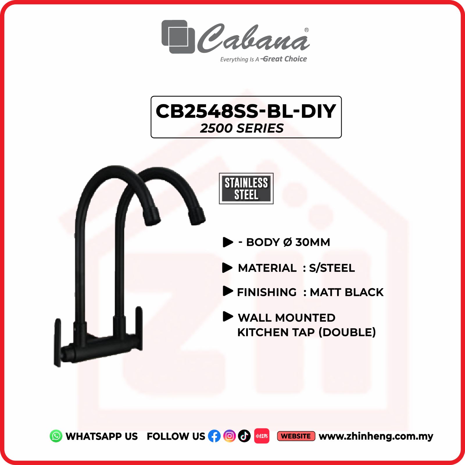 CABANA Wall Mounted Kitchen Tap (Double) CB2548SS-BL-DIY