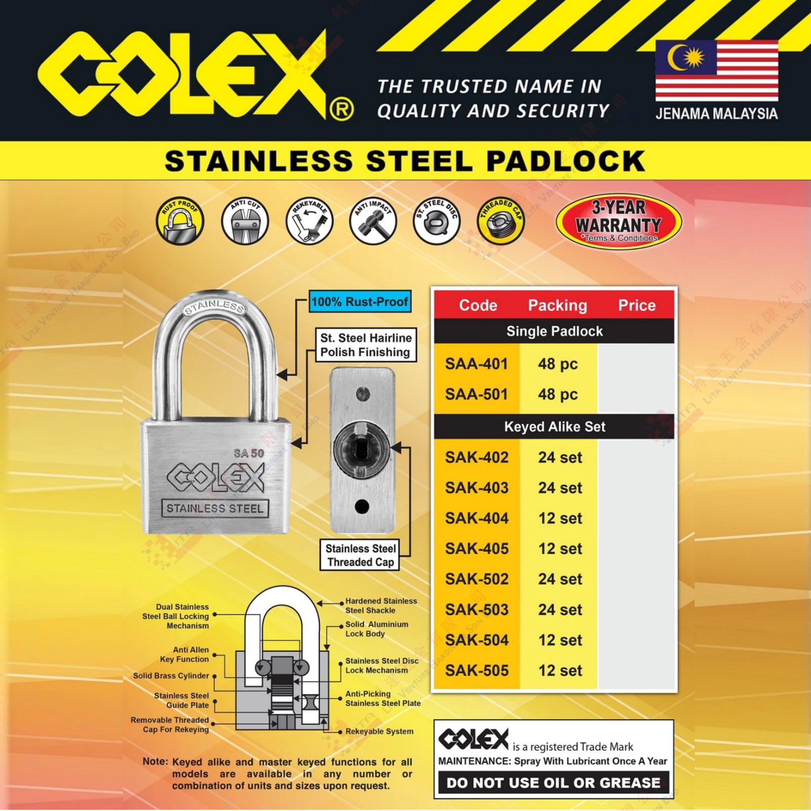 COLEX BRAND STAINLESS STEEL PADLOCK - SAA401 SAA501 SAK402-505