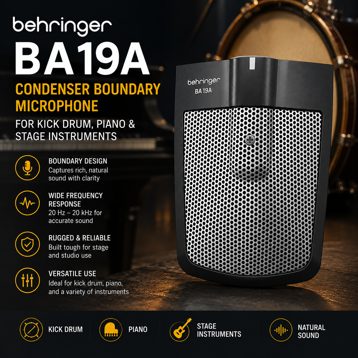 Behringer BA19A – 适用于大鼓、钢琴及舞台乐器的电容界面麦克风