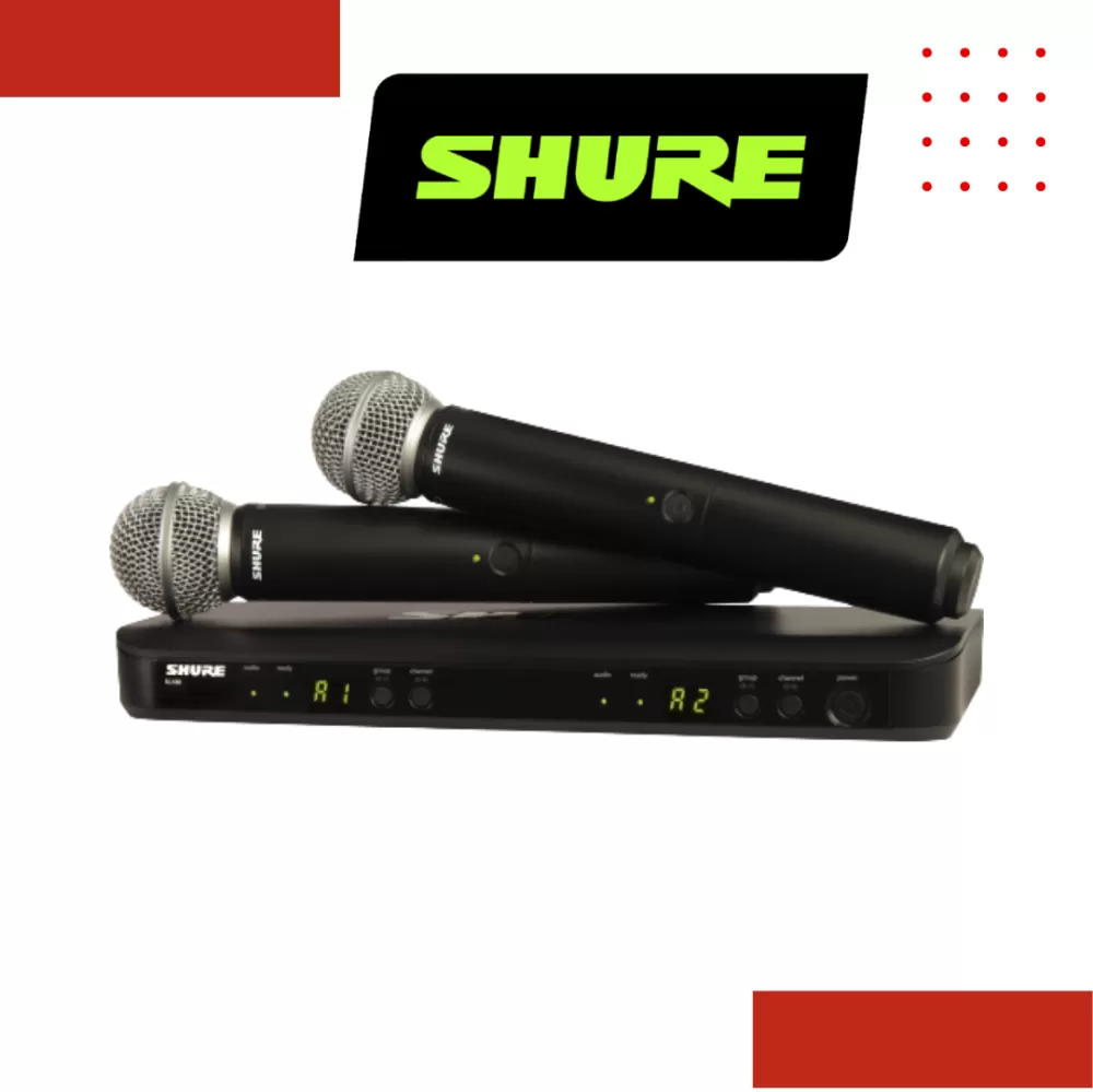 Shure BLX288/SM58 Dual Channel Handheld Wireless Microphone System, BLX88 Dual-channel Wireless Receiver & (2) BLX2/SM58 Handheld Transmitters