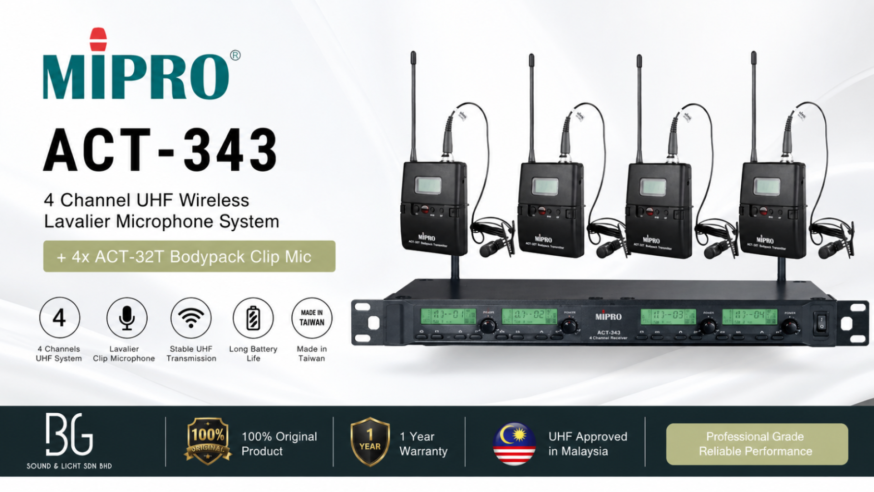 MIPRO ACT-343 4 Channel Wireless Lavalier Microphone System + 4x ACT-32T Bodypack Clip Mic (UHF Malaysia)